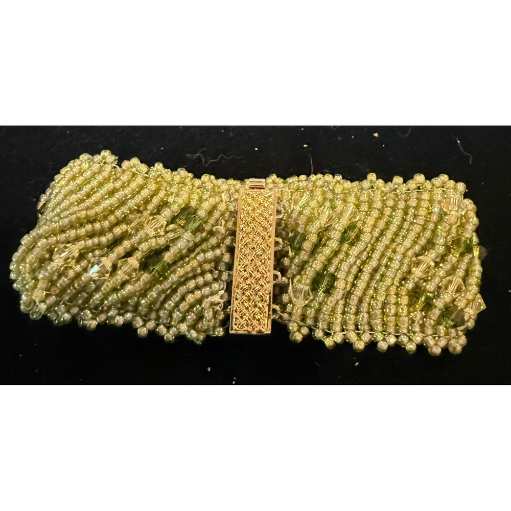 Handmade Womens‎ 6.5" Beaded Cuff Bracelet Lime Green Multi Strand Crystal Clasp